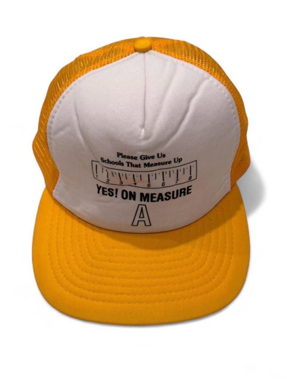 Yellow and White Trucker Hat with 'Yes! On Measure A' Print